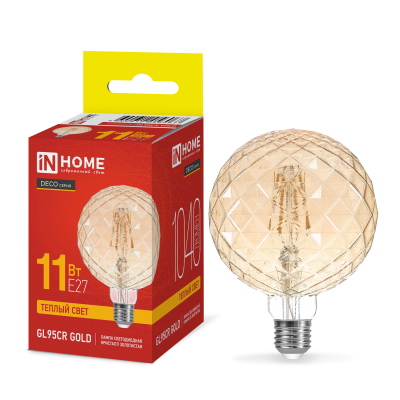 Лампа светодиодная IN HOME LED-GL95СR-deco gold 11Вт 230В E27 3000K 1040Лм 95мм кристалл золотистая 4690612056067