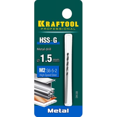 KRAFTOOL HSS-G 1.5 х43мм, Сверло по металлу HSS-G, сталь М2(S6-5-2) 29651-1.5