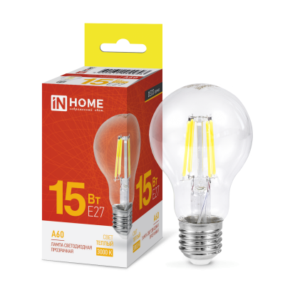 Лампа светодиодная IN HOME LED-A60-deco 15Вт 230В Е27 3000К 1480Лм прозрачная 4690612055893