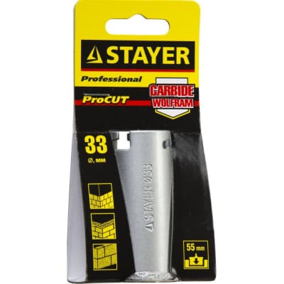 Кольцевая коронка STAYER Ø 33 мм, L - 55 мм, карбид-вольфрамовая крошка 33345-33