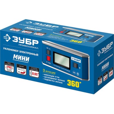 МИНИ уровень-уклономер электронный, IP65, Магнитный, Диапазон 0-90°, Точность ±0,05°, 3 кнопки, HOLD, Подсветка, Автоповорот, ЗУБР Профессионал 34745_z01