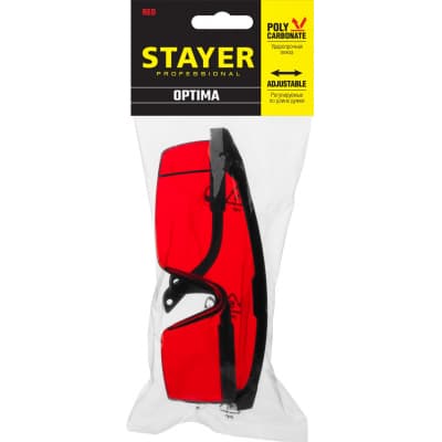 STAYER OPTIMA Красные, очки защитные открытого типа, регулируемые по длине дужки. 2-110457_z01