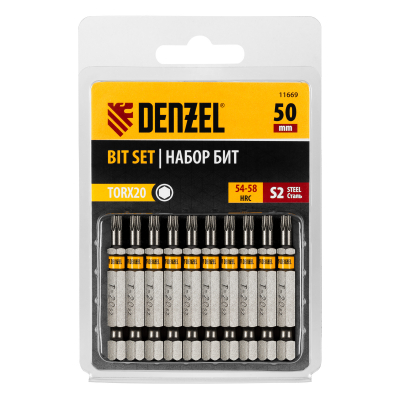 Бита TX 20х50, сталь S2, шестигранный профиль, 10 шт. Е 6,3 Denzel 11669