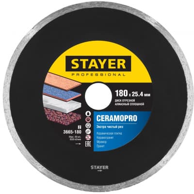 CERAMO-25 180 мм, диск алмазный отрезной сплошной по керамограниту, мрамору, плитке, STAYER Professional 3665-180_z02