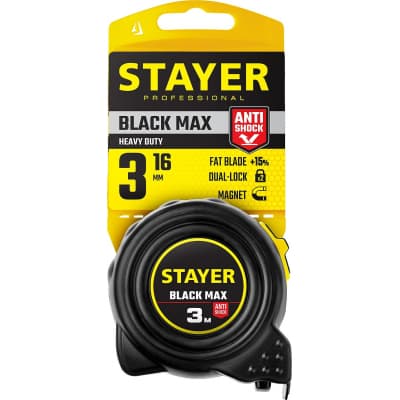 STAYER BlackMax 3м / 16мм рулетка в ударостойком полностью обрезиненном корпусе  и двумя фиксаторами 3410-03_z02