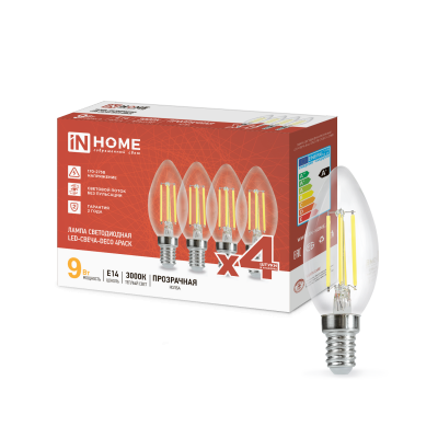 Лампа светодиодная IN HOME LED-СВЕЧА-deco 4PACK 9Вт 230В Е14 3000К 1040Лм (4шт./упак) прозрачная 4690612052540