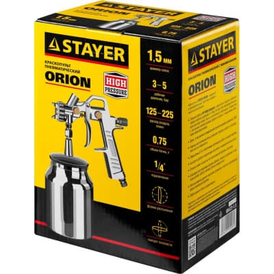 Краскопульт пневматический STAYER сопло 1,5 мм, с нижним бачком ORION 06472-1.5