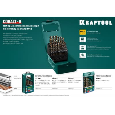 KRAFTOOL COBALT 13шт(1.5-6.5мм), Набор сверл по металлу HSS-Co(8%), сталь М42(S2-10-1-8) 29656-H13