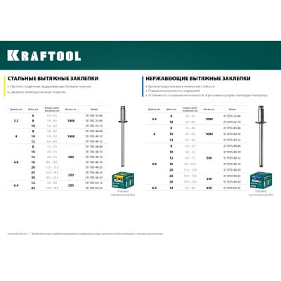 Нержавеющие заклепки Inox, 4.8 х 20 мм, 500 шт, Kraftool 311705-48-20