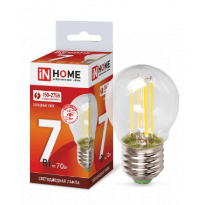 Лампа светодиодная LED-ШАР-deco 7Вт 230В Е27 6500К 630Лм прозрачная IN HOME 4690612036427
