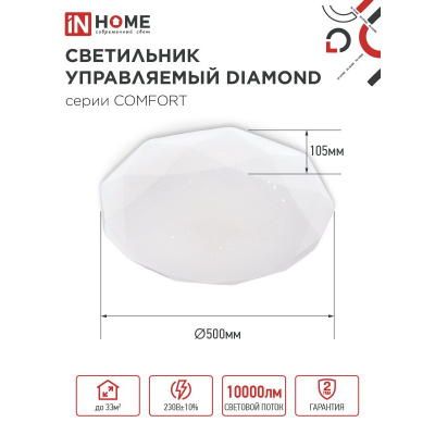 Светильник светодиодный IN HOME COMFORT DIAMOND 125Вт 230В 3000-6500K 10000Лм 500x105мм с пультом ДУ 4690612059488