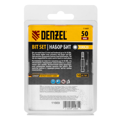 Бита TX 20х50, сталь S2, шестигранный профиль, 10 шт. Е 6,3 Denzel 11669