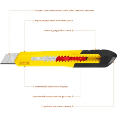 Нож из абс пластика quick-18, сегмент. лезвия 18 мм, Stayer 0910_z01