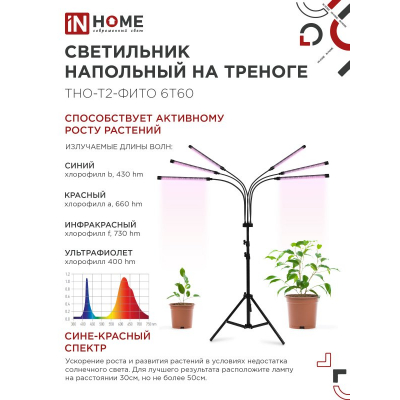 Светильник напольный на треноге светодиодный IN HOME ТНО-Т2-ФИТО красно-синий 6Т60 60Вт 6 плафонов, пульт на шнуре 4690612053578