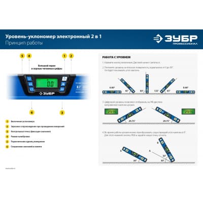 Уровень-уклономер 2 в 1, 400 мм, Диапазон 0-90°, Точность ±0,1°, Подсветка экрана, ЗУБР Профессионал 34286