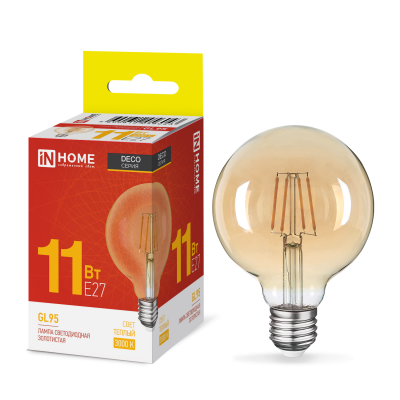 Лампа светодиодная IN HOME LED-GL95-deco gold 11Вт 230В E27 3000K 1040Лм 95мм золотистая 4690612056043