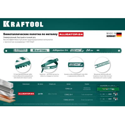 Биметаллическое гибкое полотно по металлу KRAFTOOL 24 TPI, быстрый рез, 300 мм, волнообразная разводка, 1 шт, Alligator-24 15942-24-1