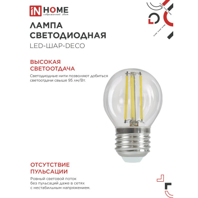 Лампа светодиодная IN HOME LED-ШАР-deco 15Вт 230В Е27 4000К 1435Лм прозрачная 4690612055985