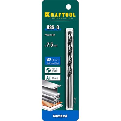 KRAFTOOL HSS-G 7.5 х109мм, Сверло по металлу HSS-G, сталь М2(S6-5-2) 29651-7.5