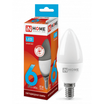 Лампа светодиодная LED-СВЕЧА-VC 6Вт 230В Е14 4000К 480Лм IN HOME 4690612020396