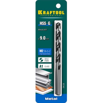 KRAFTOOL HSS-G 9.0 х125мм, Сверло по металлу HSS-G, сталь М2(S6-5-2) 29651-9