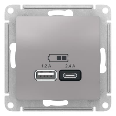 USB Розетка A+С, 5В/2,4А, 2х5В/1,2А, SE AtlasDesign Алюминий  механизм ATN000339