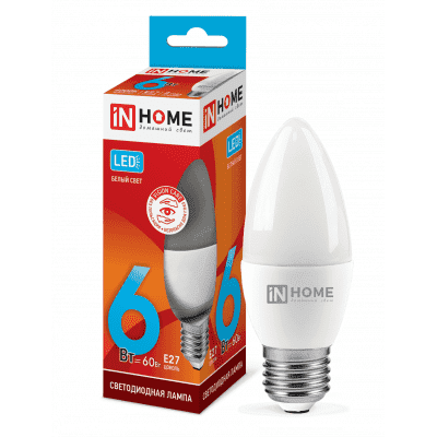 Лампа светодиодная LED-СВЕЧА-VC 6Вт 230В Е27 4000К 480Лм IN HOME 4690612020419