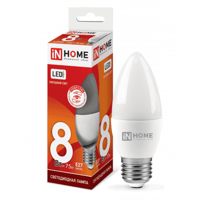 Лампа светодиодная LED-СВЕЧА-VC 8Вт 230В Е27 6500К 600Лм IN HOME 4690612024820