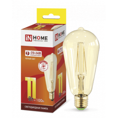 Лампа светодиодная LED-ST64-deco gold 11Вт 230В Е27 3000К 990Лм золотистая IN HOME 4690612035673