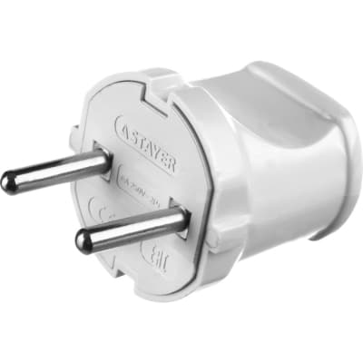 Вилка прямая белая STAYER прямая, 6А/220 В, 1300 Вт MAXElectro 55150-W