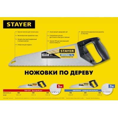 Ножовка ударопрочная (пила) "TopCut" 500 мм, 5 TPI, быстрый рез поперек волокон, для крупных и средних заготовок, STAYER 15061-50_z02