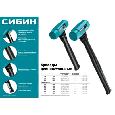 Цельностальная кувалда СИБИН 1,5 кг 240 мм 20132-1.5
