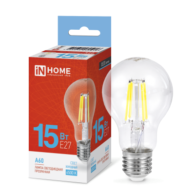 Лампа светодиодная IN HOME LED-A60-deco 15Вт 230В Е27 6500К 1480Лм прозрачная 4690612055916