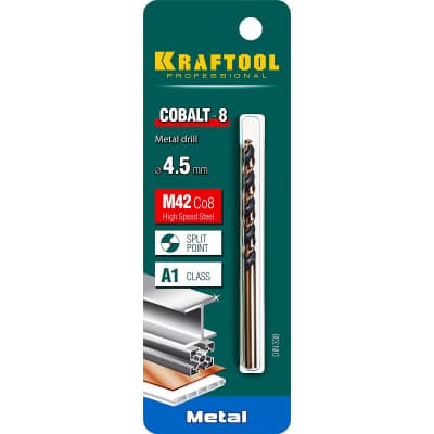 KRAFTOOL COBALT 4.5 х80мм, Сверло по металлу HSS-Co(8%) , сталь М42(S2-10-1-8) 29656-4.5