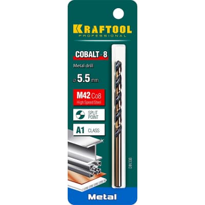 KRAFTOOL COBALT 5.5 х93мм, Сверло по металлу HSS-Co(8%) , сталь М42(S2-10-1-8) 29656-5.5