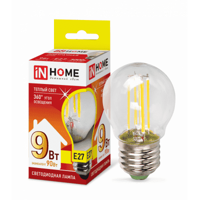 Лампа светодиодная LED-ШАР-deco 9Вт 230В Е27 3000К 810Лм прозрачная IN HOME 4690612026268