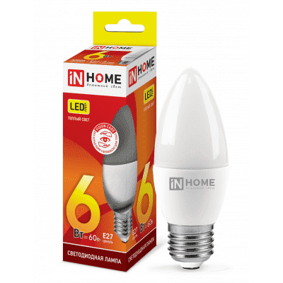 Лампа светодиодная LED-СВЕЧА-VC 6Вт 230В Е27 3000К 480Лм IN HOME 4690612020402