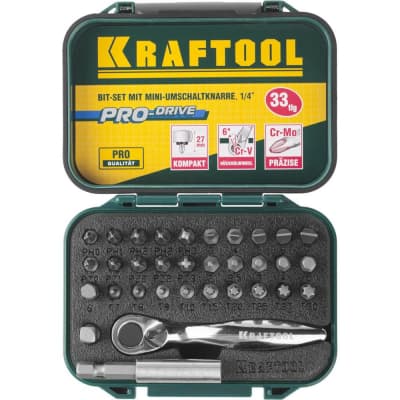 Набор битов с мини-трещоткой KRAFTOOL 33 шт., Cr-V 26157-H33 Профессионал
