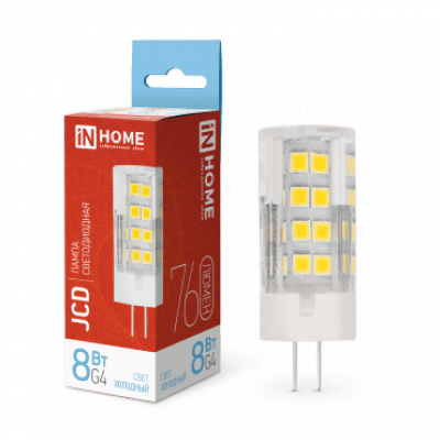 Лампа светодиодная LED-JCD 8Вт 230В G4 6500К 760Лм IN HOME 4690612036229