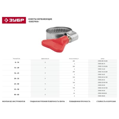 Хомуты ЗУБР 12-20 мм, накатная лента 9 мм,"Бабочка", 37835-12-20-200