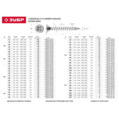 Саморезы СУ-Б универсальные, 40 х 6.0 мм, 22 шт, белый цинк, ЗУБР 4-300377-60-040