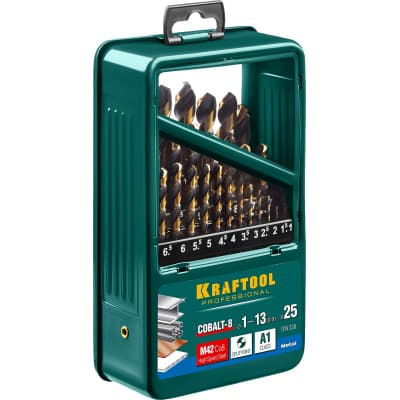 KRAFTOOL COBALT 25шт(1-13мм), Набор сверл по металлу HSS-Co(8%), сталь М42(S2-10-1-8) 29656-H25