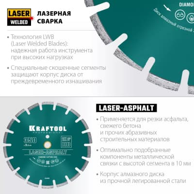 LASER-ASPHALT 350 мм, диск алмазный отрезной по асфальту, KRAFTOOL 36687-350