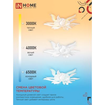 Светильник светодиодный IN HOME ELEGANT FLAME 120Вт 230В 3000-6500K 8400Лм 1035х895х120мм c пультом ДУ белый 4690612051543