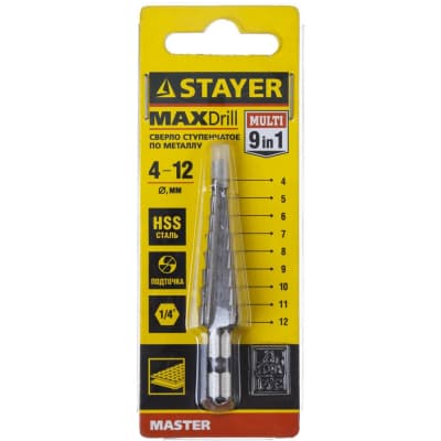 Сверло ступенчатое STAYER  4-12 мм, 9 ступеней, HSS 29660-4-12-9