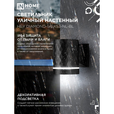 Светильник уличный настенный односторонний IN HOME НБУ DIAMOND-1хGX53-NL-BL с подсветкой черный IP54 4690612052861