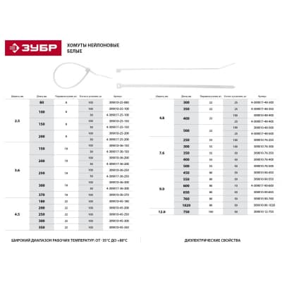 Хомуты нейлоновые ЗУБР 300х3.6 мм, 100 шт. белые 309010-36-300