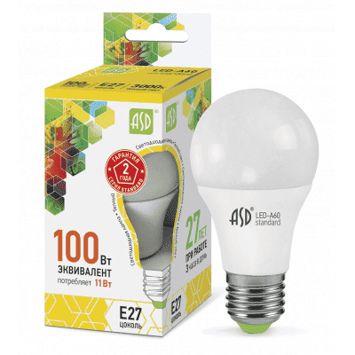 Лампа светодиодная LED-A60-standard 11Вт 230В Е27 3000К 990Лм ASD 4690612001739