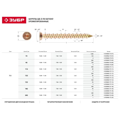 Шурупы ЗУБР 182 х 7.5 мм, 50 шт., по бетону 4-300483-75-182