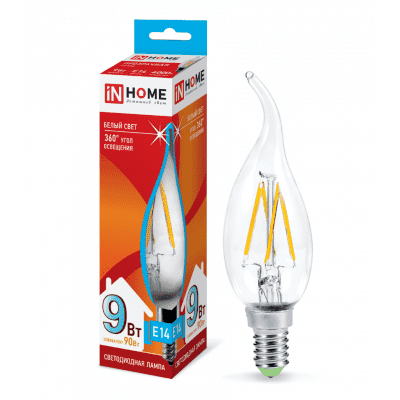 Лампа светодиодная LED-СВЕЧА НА ВЕТРУ-deco 9Вт 230В Е14 4000К 810Лм прозрачная IN HOME 4690612026244